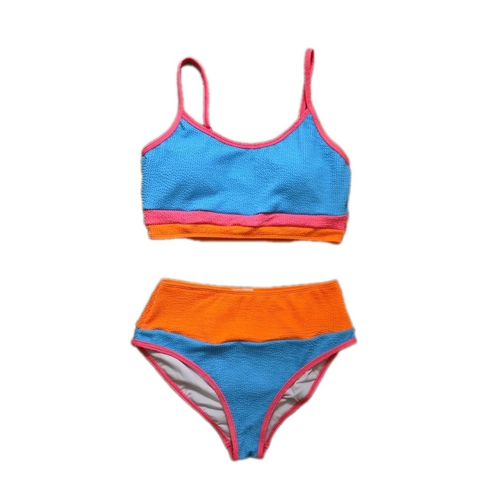 NEW Pink Lily Bikini Set Pink Orange Blue Color Block High Rise Large Rainbow